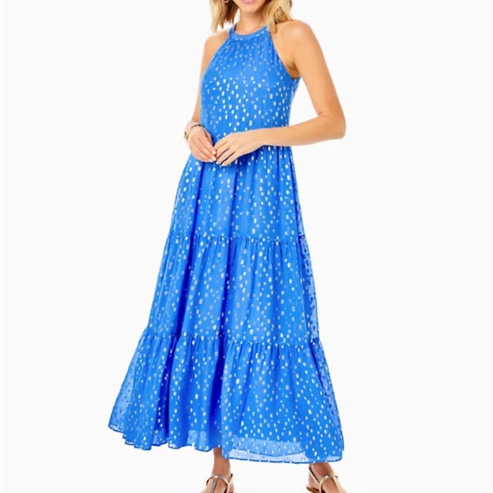 Lilly Pulitzer NWT BECCALYN MAXI DRESS, BOCA BLUE VISCOSE METALLIC CLIP DOBBY XL